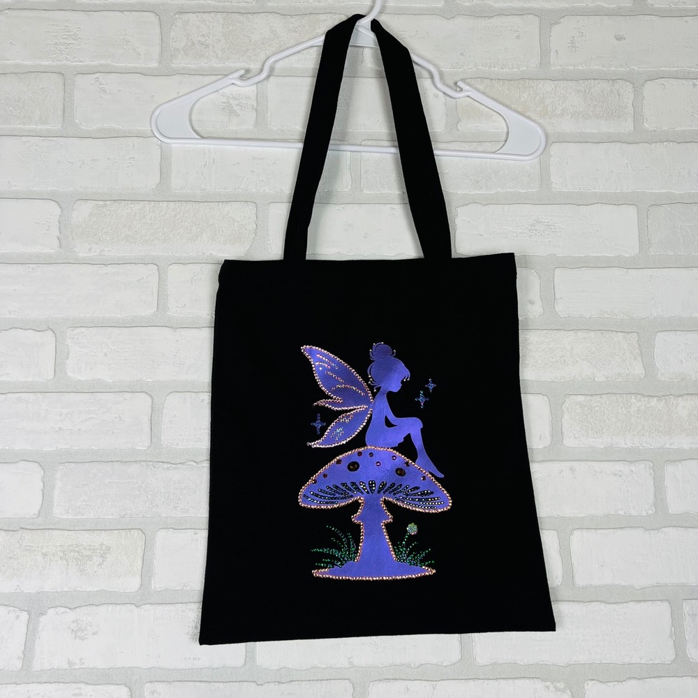Black Fairy Mushroom Rhinestone Iridescent Canvas Tote Kids Bookbag 12 x 14.5